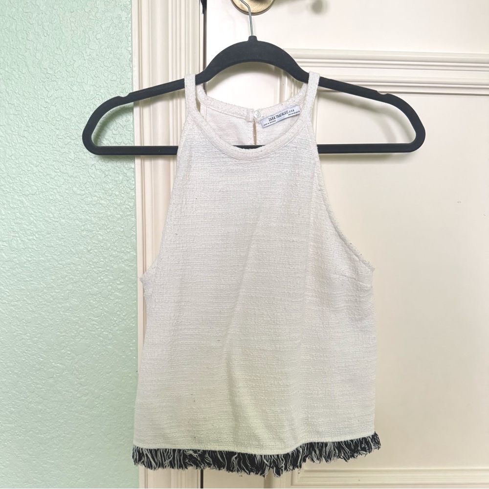 Zara l High Neck Top Cream Black Fringe Small